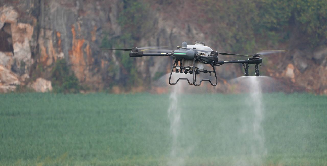 Drone flying low over a green field, spraying